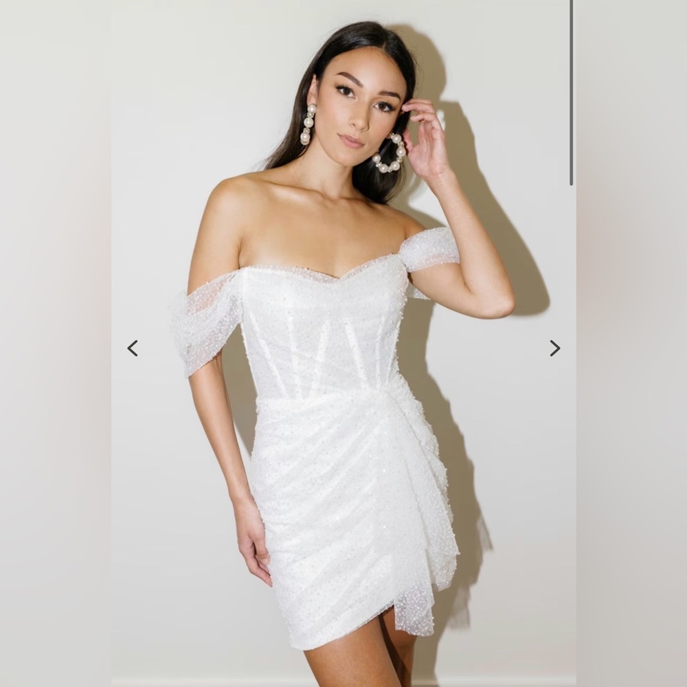 Watters White Strapless Off-Shoulder Beaded Mini Dress